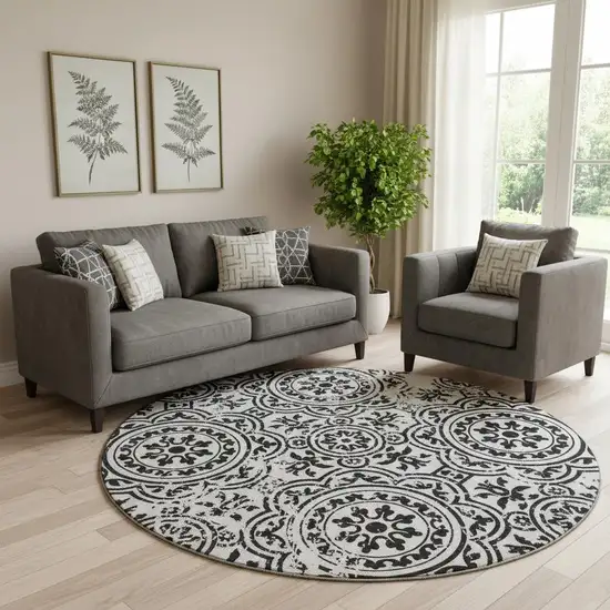 8' Black And Ivory Medallion Washable Round Rug With UV Protection Photo 1