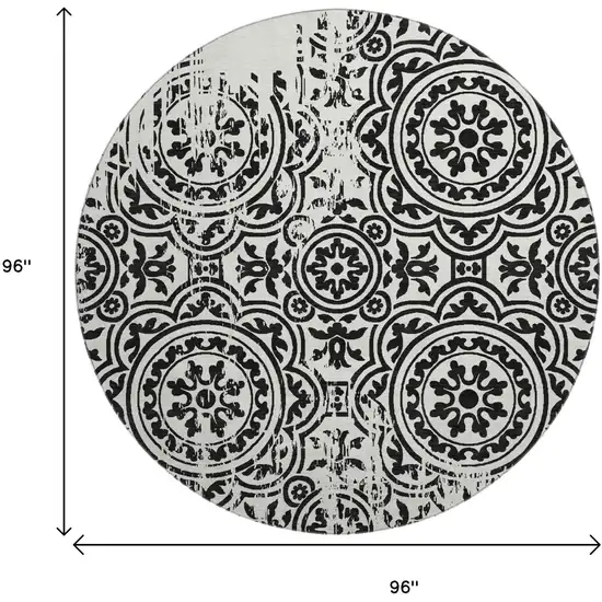 8' Black And Ivory Medallion Washable Round Rug With UV Protection Photo 3