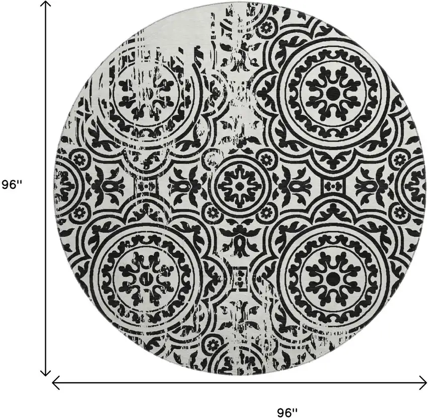 8' Black And Ivory Medallion Washable Round Rug With UV Protection Photo 3