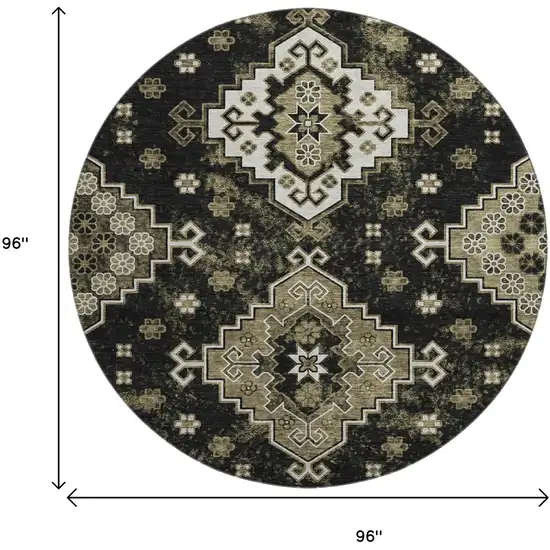 8' Black And Ivory Medallion Washable Round Rug With UV Protection Photo 3