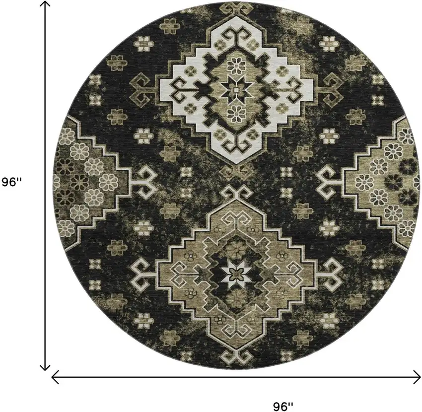 8' Black And Ivory Medallion Washable Round Rug With UV Protection Photo 3