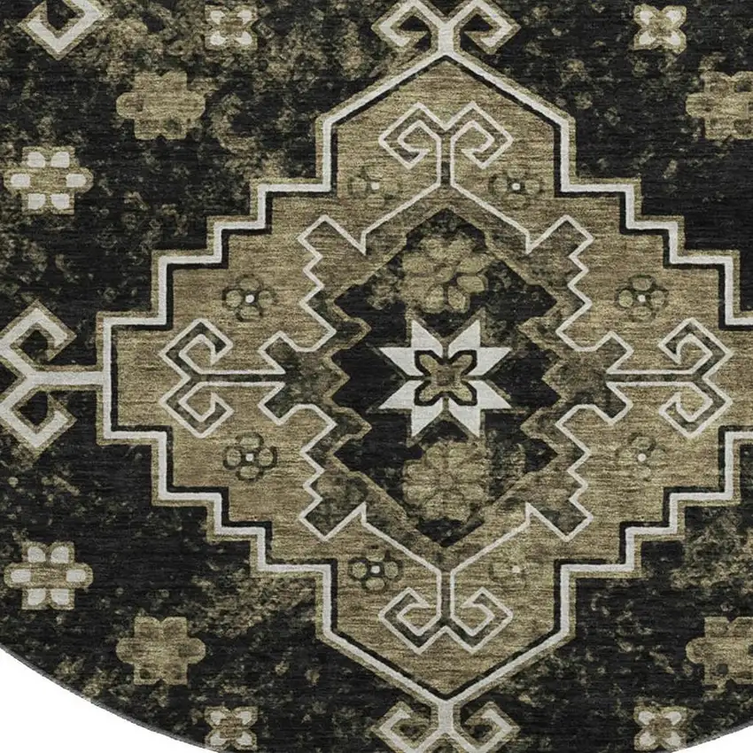 8' Black And Ivory Medallion Washable Round Rug With UV Protection Photo 4