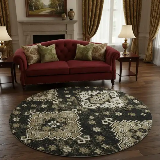 8' Black And Ivory Medallion Washable Round Rug With UV Protection Photo 2