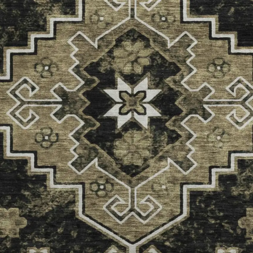 8' Black And Ivory Medallion Washable Round Rug With UV Protection Photo 3