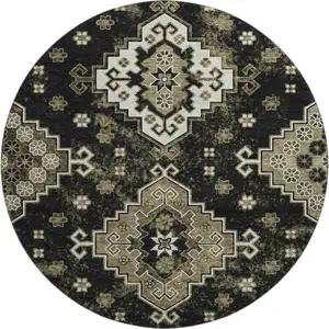 Photo of 8' Black And Ivory Medallion Washable Round Rug With UV Protection
