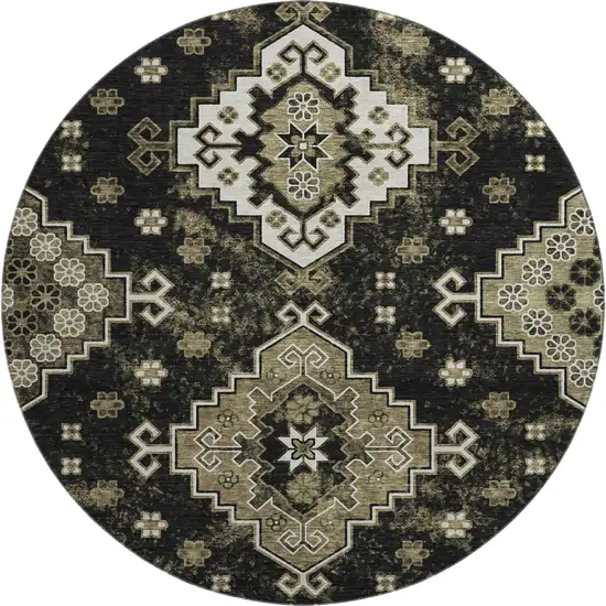 8' Black And Ivory Medallion Washable Round Rug With UV Protection Photo 1