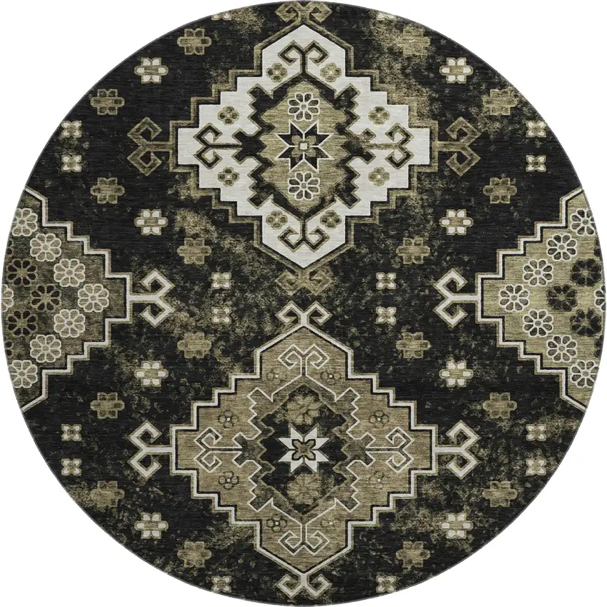 8' Black And Ivory Medallion Washable Round Rug With UV Protection Photo 1