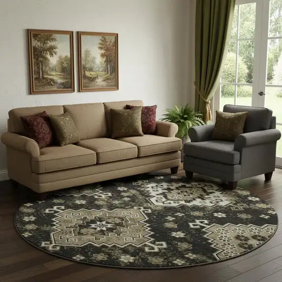 8' Black And Ivory Medallion Washable Round Rug With UV Protection Photo 1