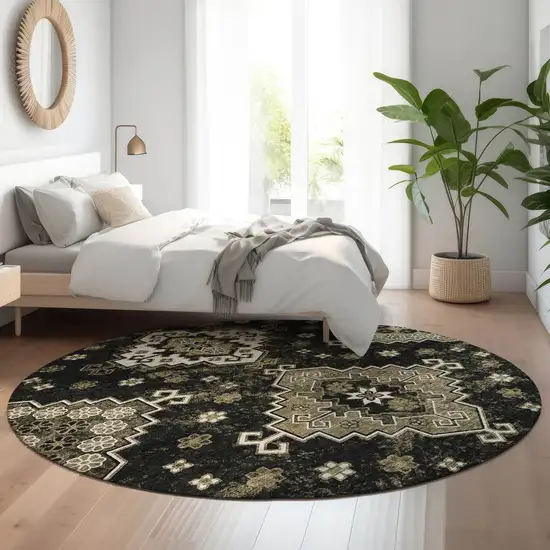 8' Black And Ivory Medallion Washable Round Rug With UV Protection Photo 5
