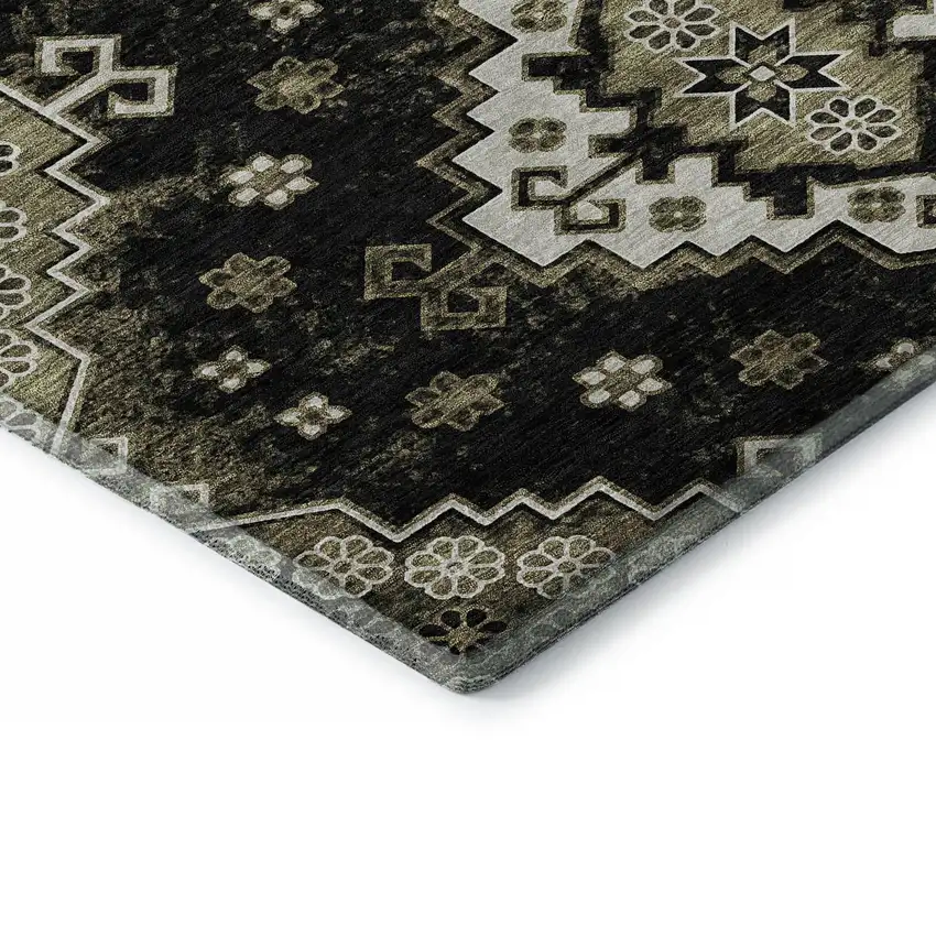 8' Black And Ivory Medallion Washable Round Rug With UV Protection Photo 7