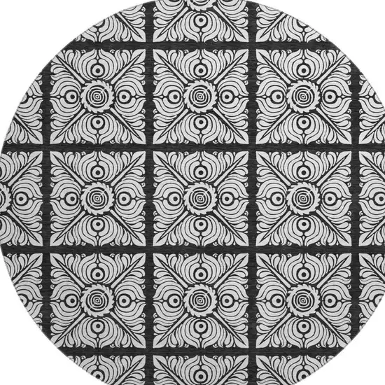 8' Black And Ivory Medallion Washable Round Rug With UV Protection Photo 4