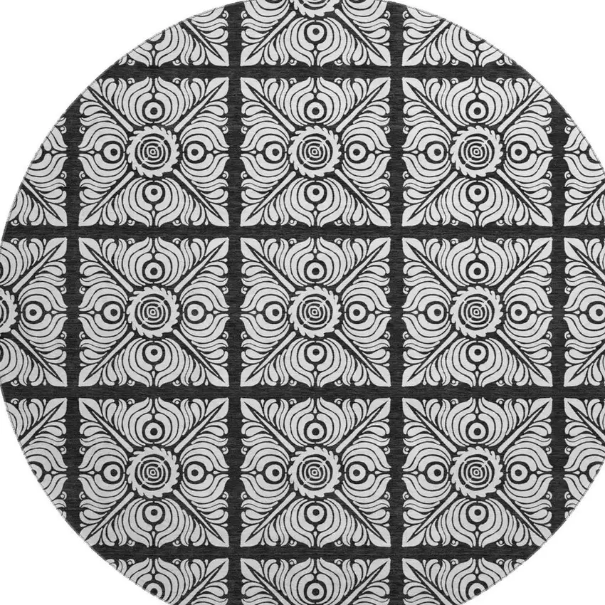 8' Black And Ivory Medallion Washable Round Rug With UV Protection Photo 4