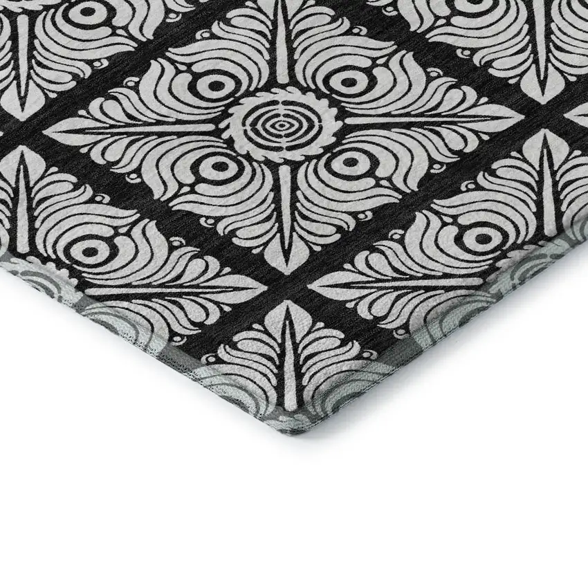 8' Black And Ivory Medallion Washable Round Rug With UV Protection Photo 7