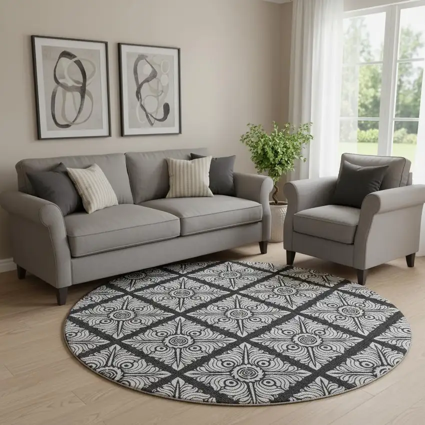 8' Black And Ivory Medallion Washable Round Rug With UV Protection Photo 1