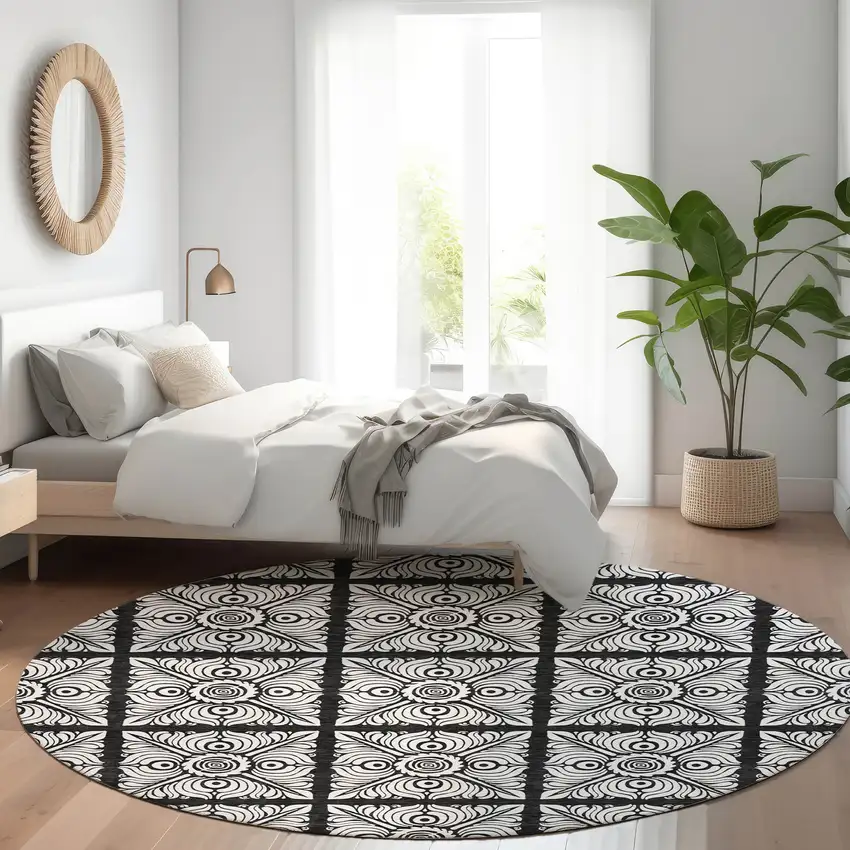 8' Black And Ivory Medallion Washable Round Rug With UV Protection Photo 5