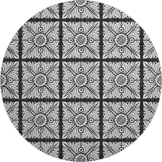 8' Black And Ivory Medallion Washable Round Rug With UV Protection Photo 1