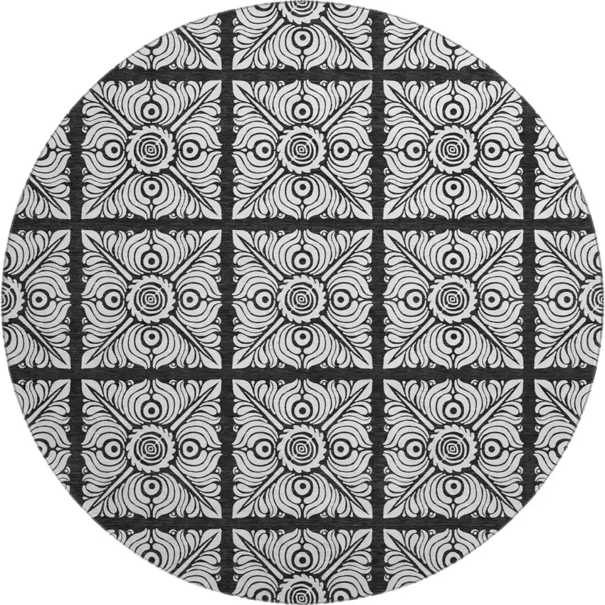 8' Black And Ivory Medallion Washable Round Rug With UV Protection Photo 1