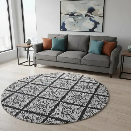 8' Black And Ivory Medallion Washable Round Rug With UV Protection Photo 2