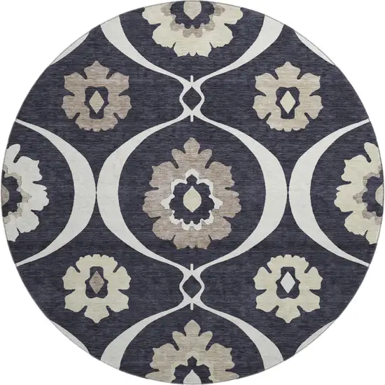 8' Black And Ivory Medallion Washable Round Rug With UV Protection Photo 1