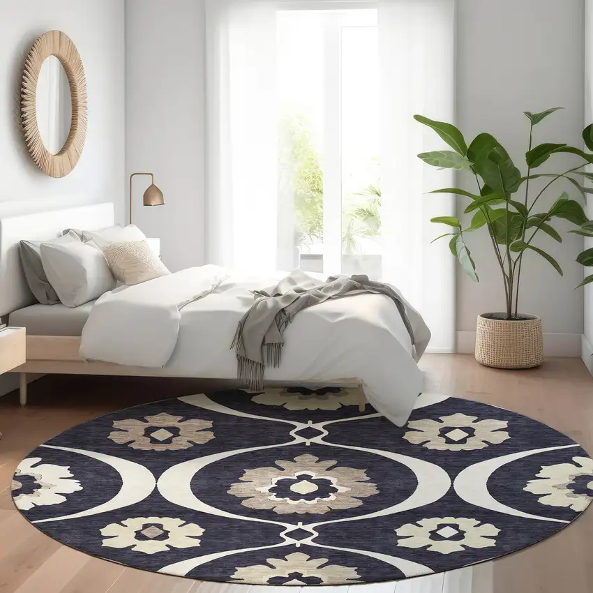 8' Black And Ivory Medallion Washable Round Rug With UV Protection Photo 4