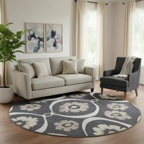 8' Black And Ivory Medallion Washable Round Rug With UV Protection Photo 1