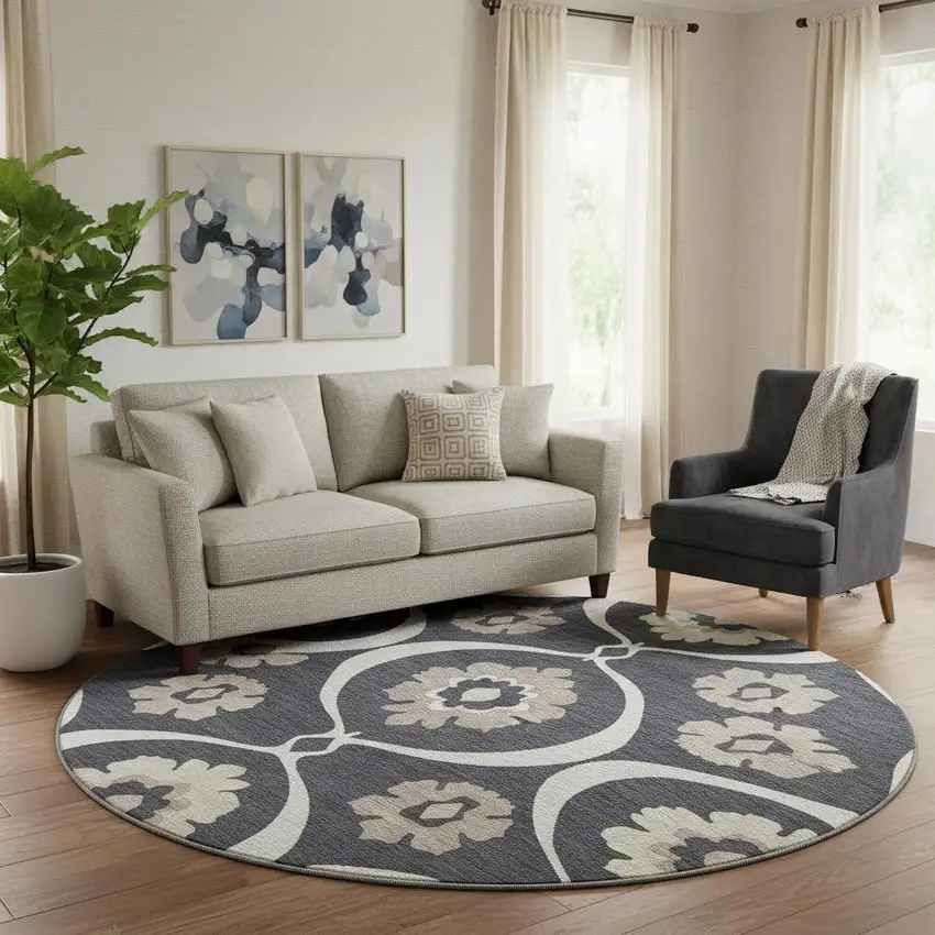 8' Black And Ivory Medallion Washable Round Rug With UV Protection Photo 1