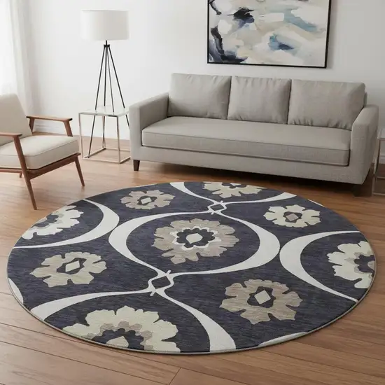 8' Black And Ivory Medallion Washable Round Rug With UV Protection Photo 2