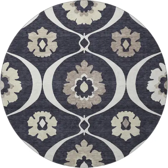 8' Black And Ivory Medallion Washable Round Rug With UV Protection Photo 3