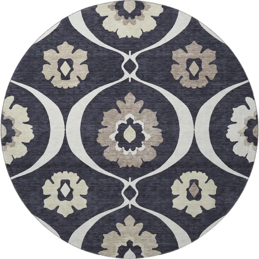 8' Black And Ivory Medallion Washable Round Rug With UV Protection Photo 3