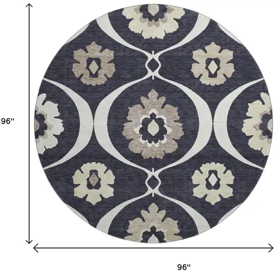 8' Black And Ivory Medallion Washable Round Rug With UV Protection Photo 9
