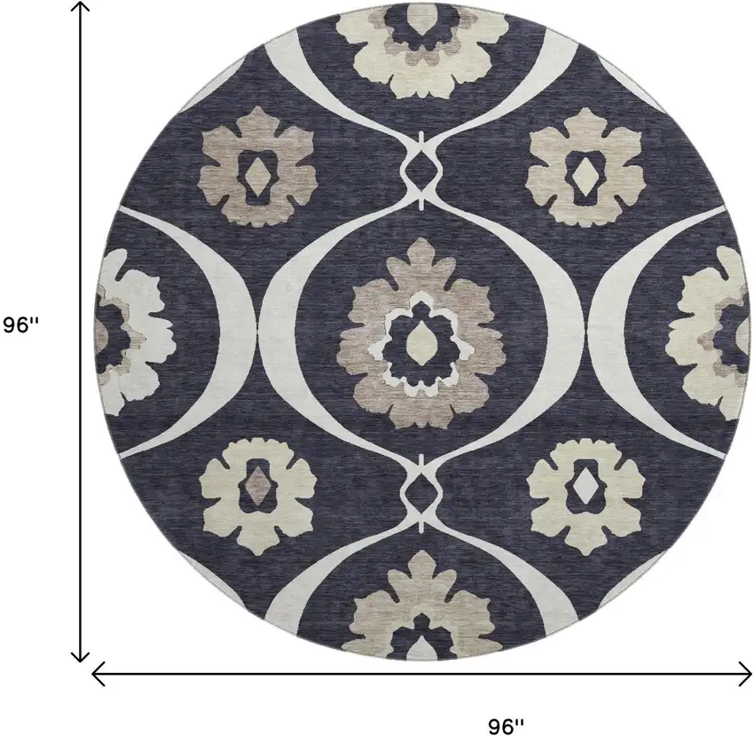 8' Black And Ivory Medallion Washable Round Rug With UV Protection Photo 9