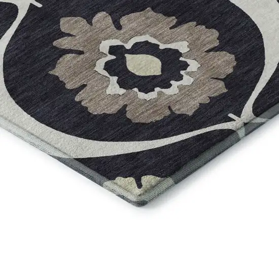 8' Black And Ivory Medallion Washable Round Rug With UV Protection Photo 6