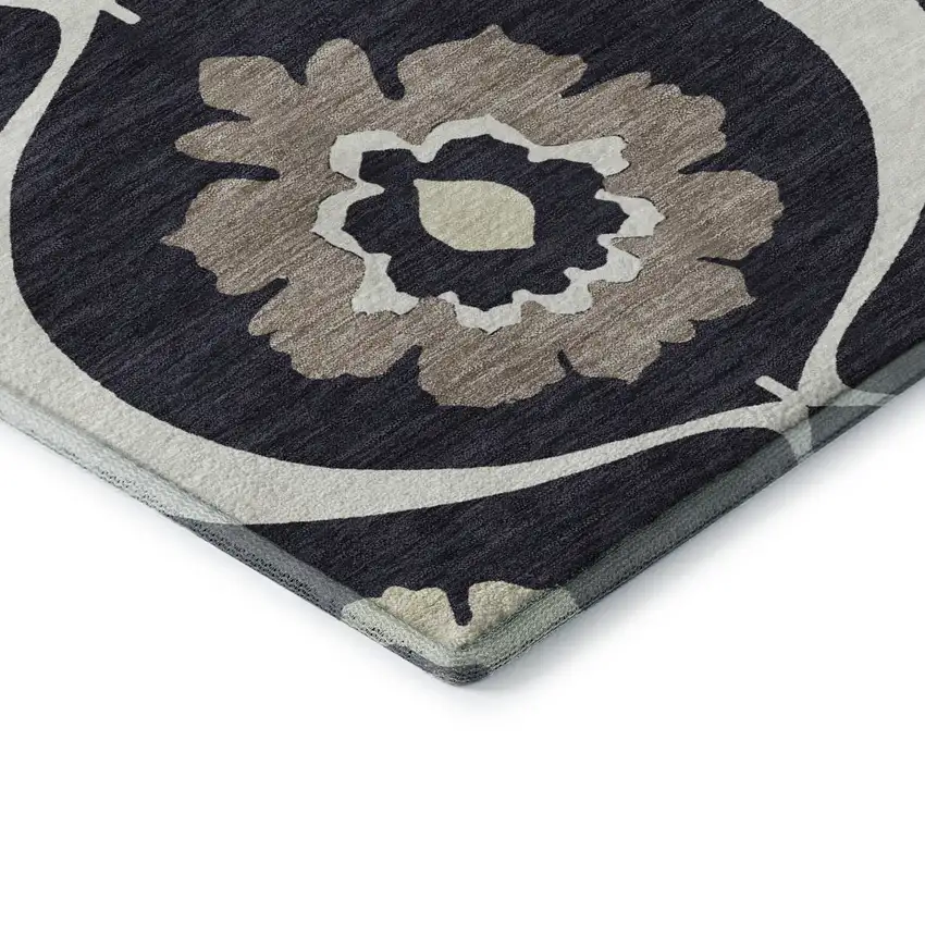 8' Black And Ivory Medallion Washable Round Rug With UV Protection Photo 6