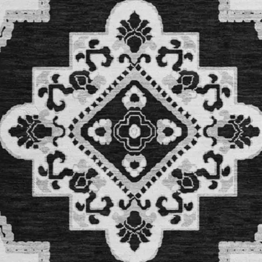 8' Black And Ivory Medallion Washable Round Rug With UV Protection Photo 4