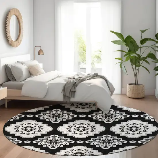 8' Black And Ivory Medallion Washable Round Rug With UV Protection Photo 5