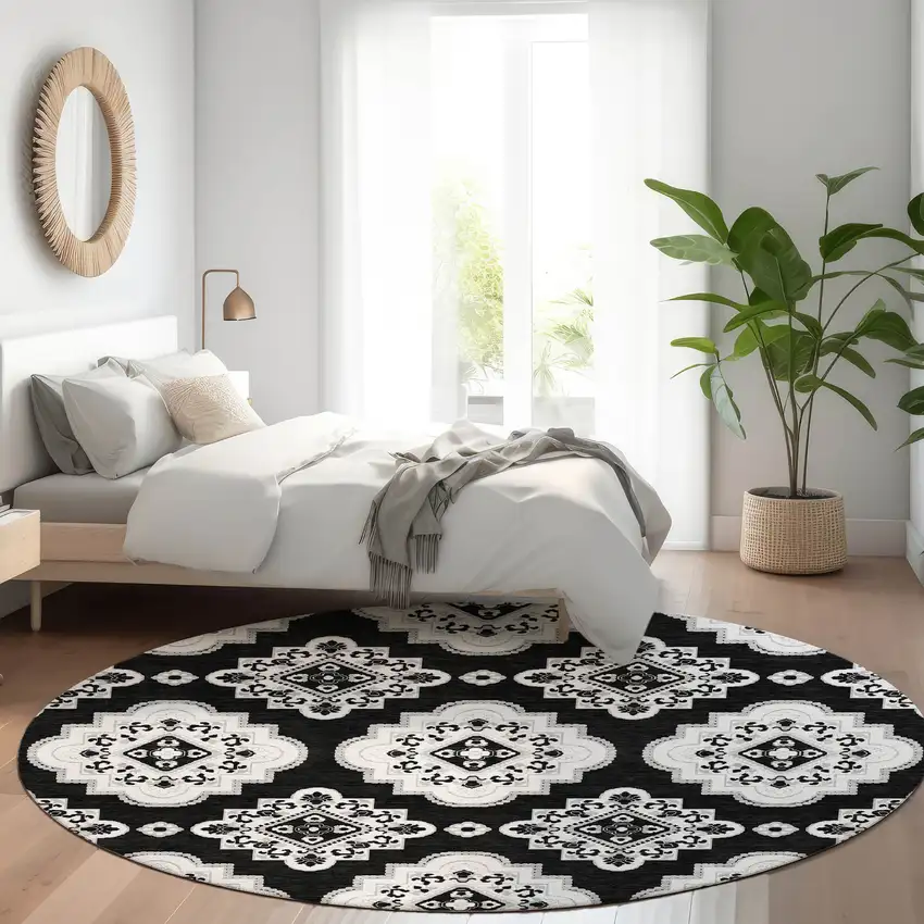 8' Black And Ivory Medallion Washable Round Rug With UV Protection Photo 5