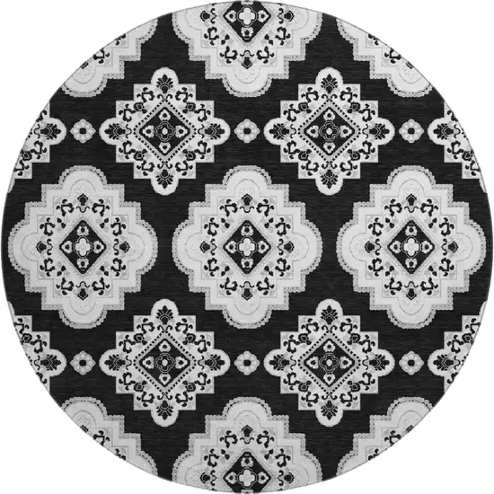 8' Black And Ivory Medallion Washable Round Rug With UV Protection Photo 1