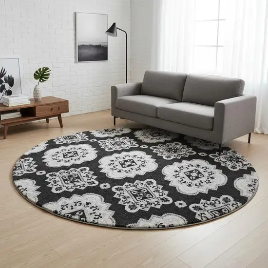 8' Black And Ivory Medallion Washable Round Rug With UV Protection Photo 2