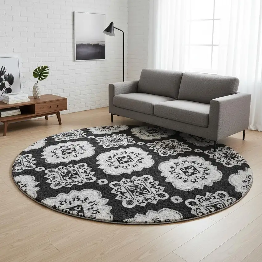 8' Black And Ivory Medallion Washable Round Rug With UV Protection Photo 2