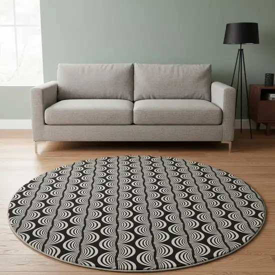 8' Black And Ivory Ogee Washable Round Rug With UV Protection Photo 2
