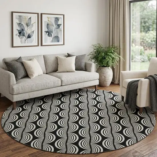 8' Black And Ivory Ogee Washable Round Rug With UV Protection Photo 1
