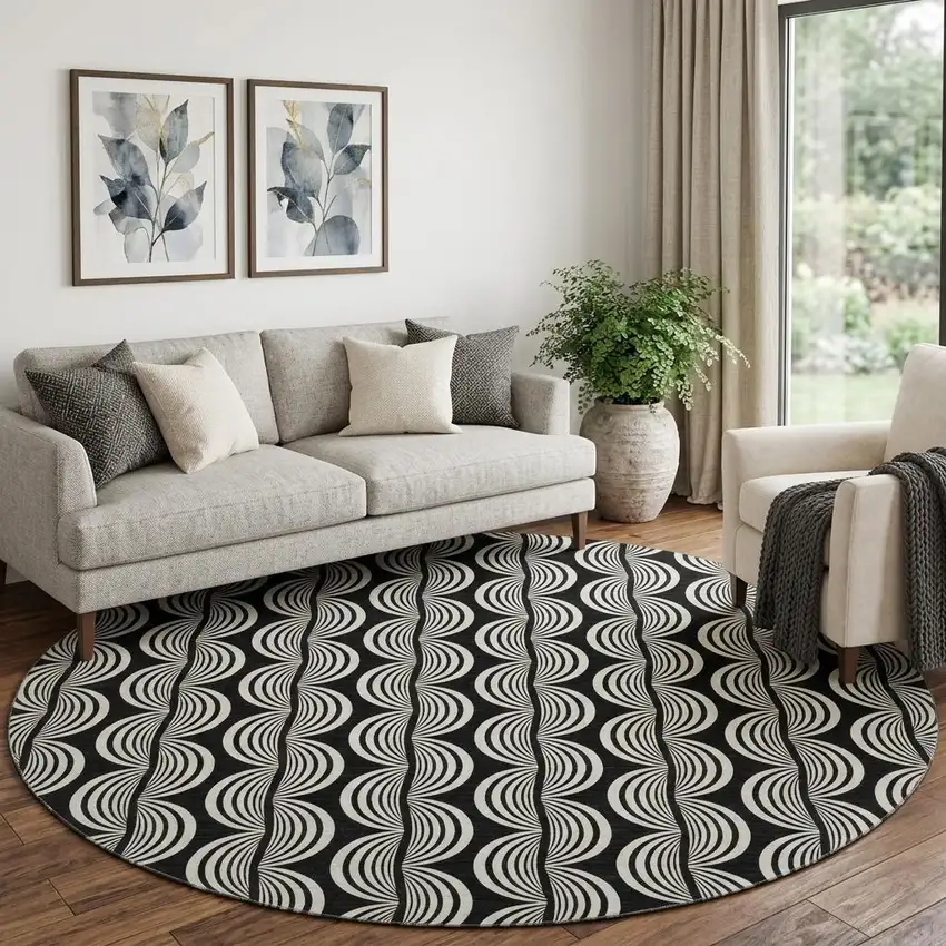 8' Black And Ivory Ogee Washable Round Rug With UV Protection Photo 1