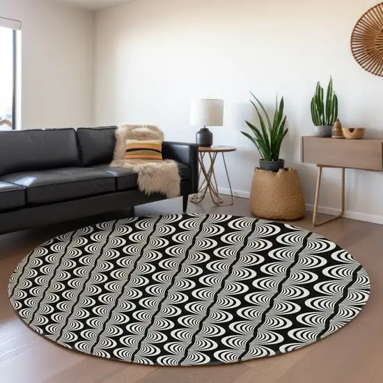 8' Black And Ivory Ogee Washable Round Rug With UV Protection Photo 4