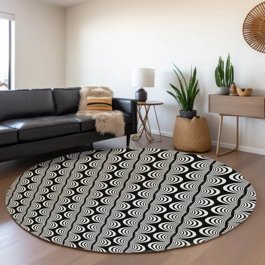 8' Black And Ivory Ogee Washable Round Rug With UV Protection Photo 4