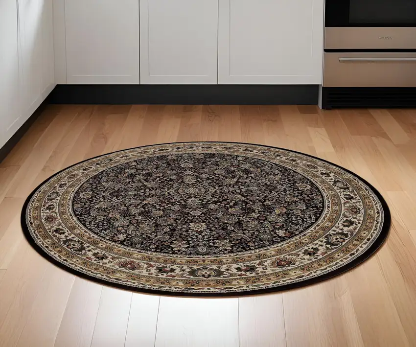 6' Black And Ivory Oriental Round Rug Photo 1