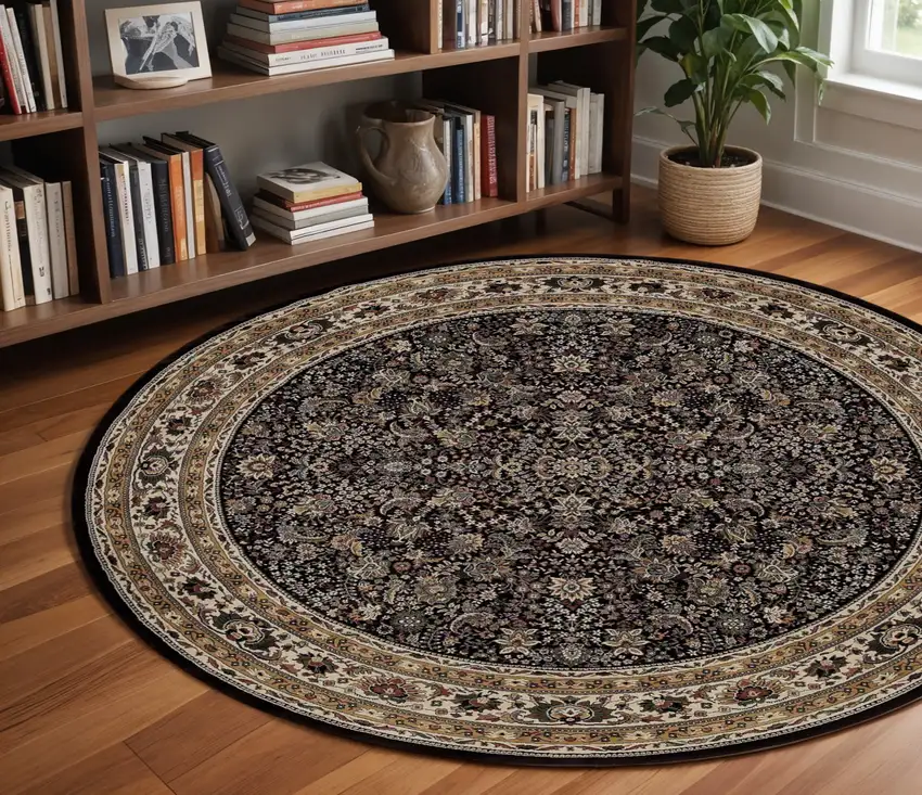 8' Black And Ivory Oriental Round Rug Photo 1