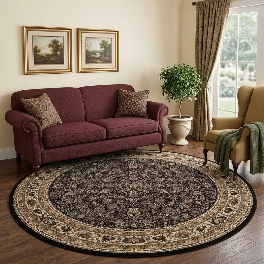 8' Black And Ivory Oriental Round Rug Photo 1