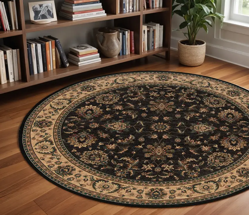 8' Black And Ivory Oriental Round Rug Photo 1