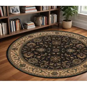 Photo of 8' Black And Ivory Oriental Round Rug