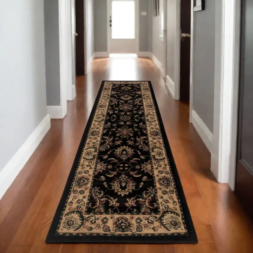 8' Black And Ivory Oriental Runner Rug Photo 1